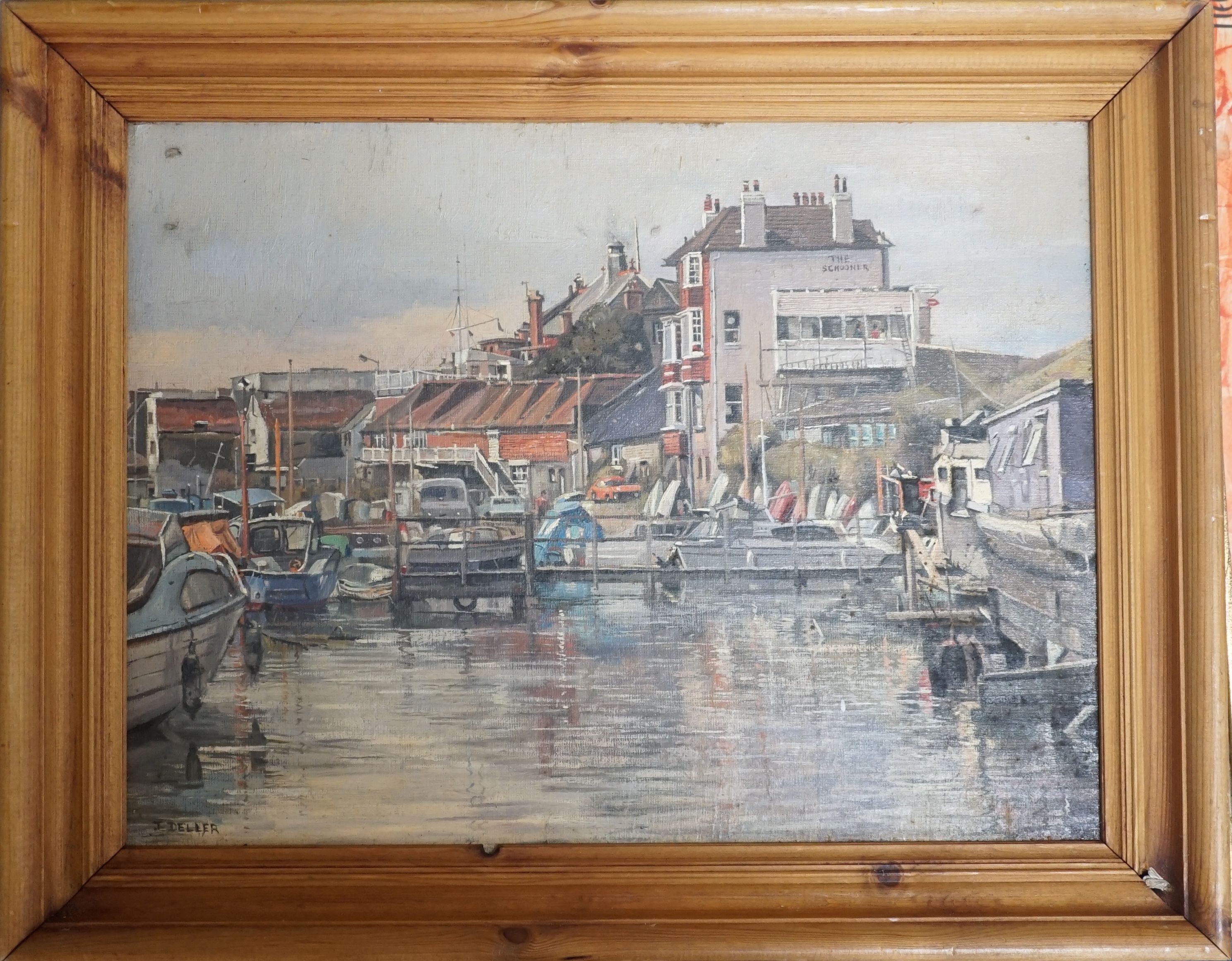 John Dellar, oil on board, The Schooner Inn, Hove Lagoon, signed, 30 x 40cm